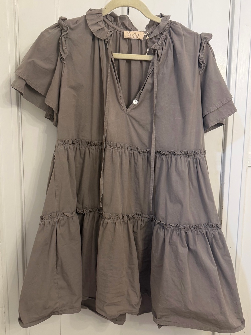 Sofie Made in Italy Tiered Ruffle Mini Dress in Taupe